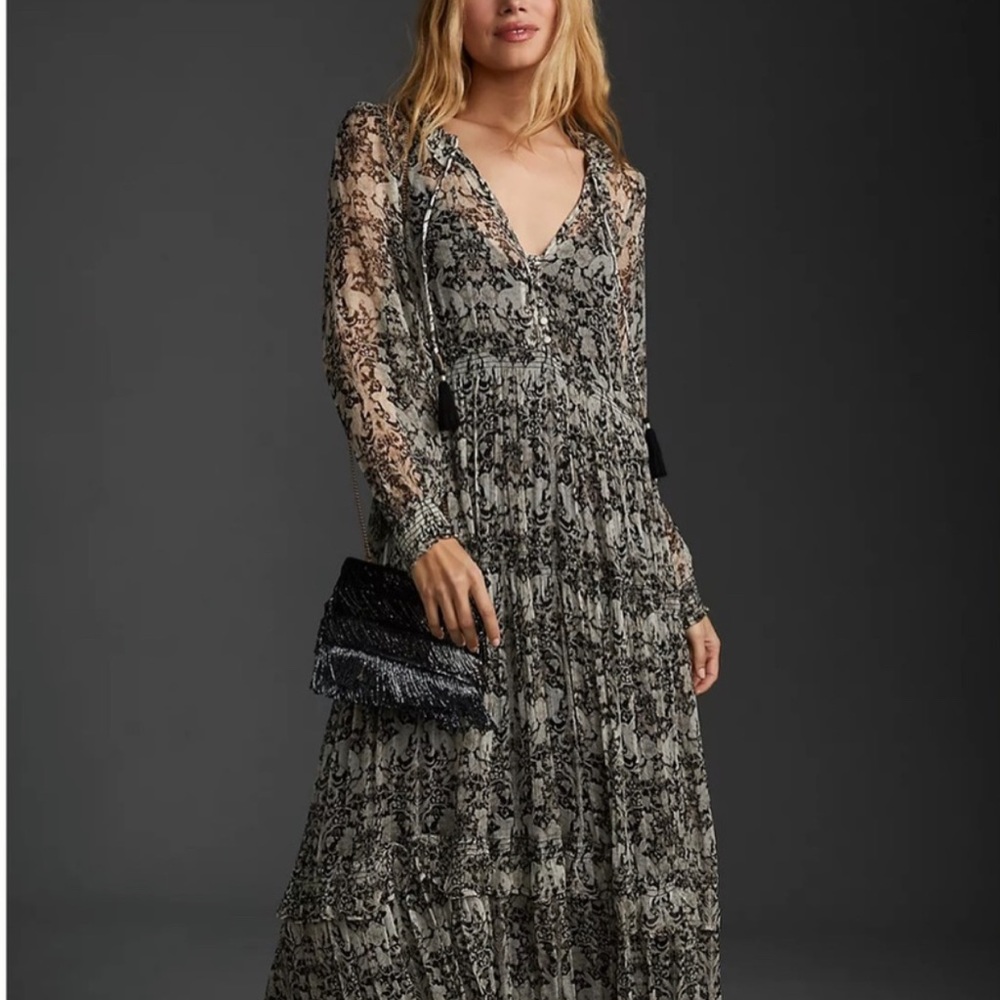 Anthropologie Black and Cream Lace-Print Maxi Dress